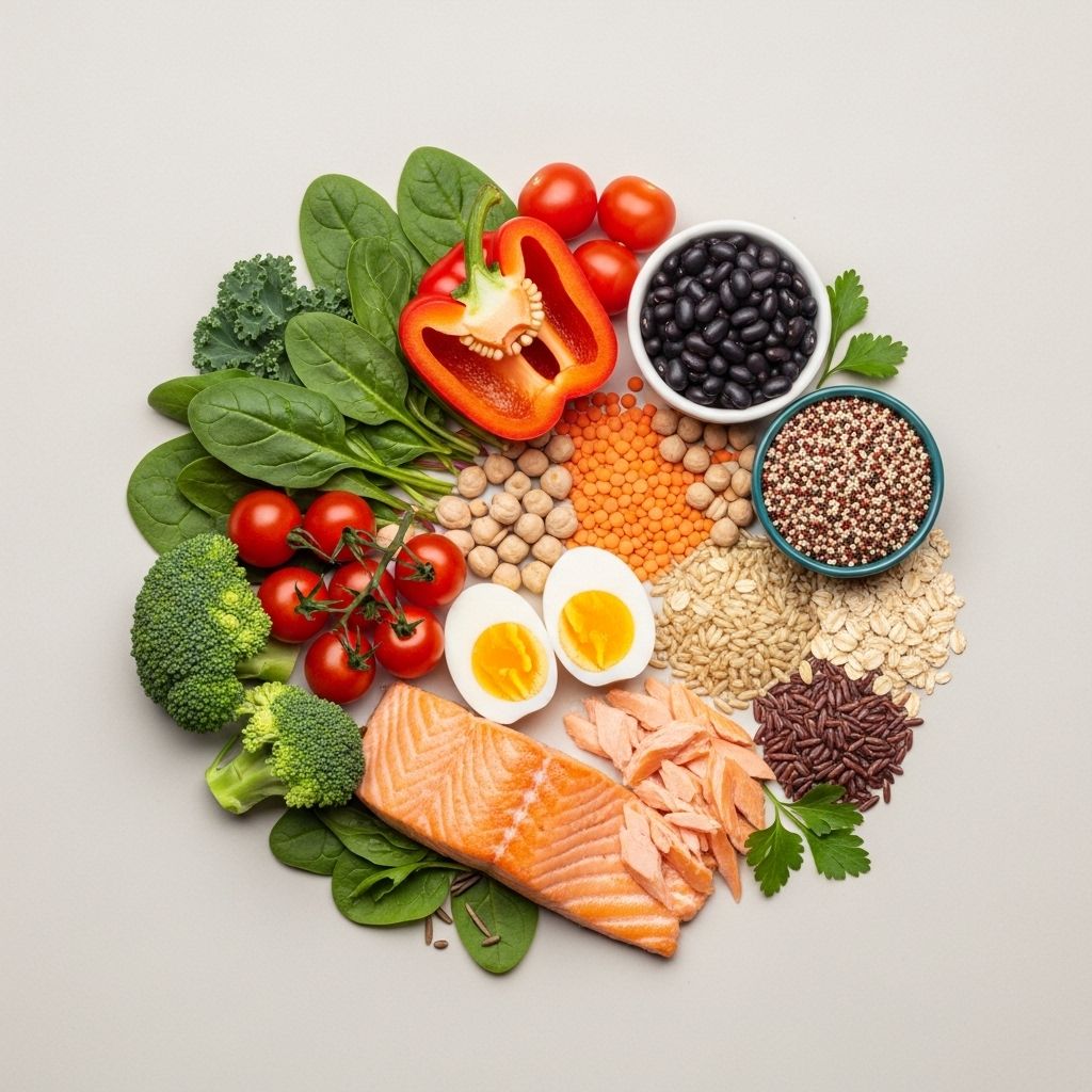 Välordnad komposition av representanter från olika livsmedelsgrupper: grönsaker, baljväxter, fullkornsprodukter, ägg och fisk på ljust neutralt underlag