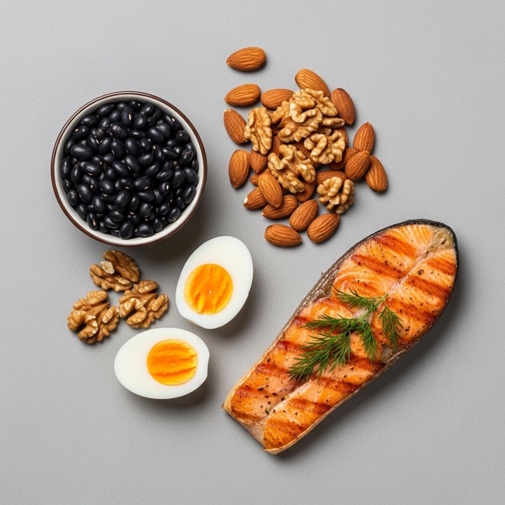 Urval av proteinrika livsmedel: baljväxter, ägg, fisk och nötter på en neutral bakgrund utan förpackningar